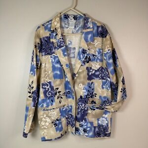 Relaxed Coastal Cottagecore Large Linen Blend Floral Patchwork Grandma Blazer